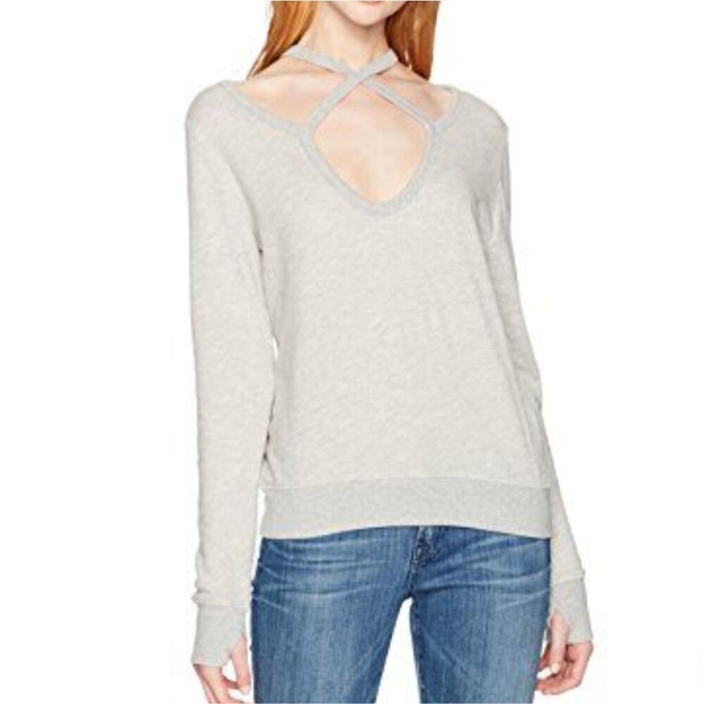 NWT Pam & Gela Rib Cross Neck Sweatshirt Heather Grey Pullover Top S